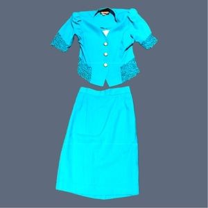 VINTAGE SL Fashions 2-piece skirt suit SET teal turquoise lace blazer 70s 80s